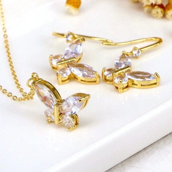 New Fashion Korean Style Zircon Butterfly Necklace Earrings Set